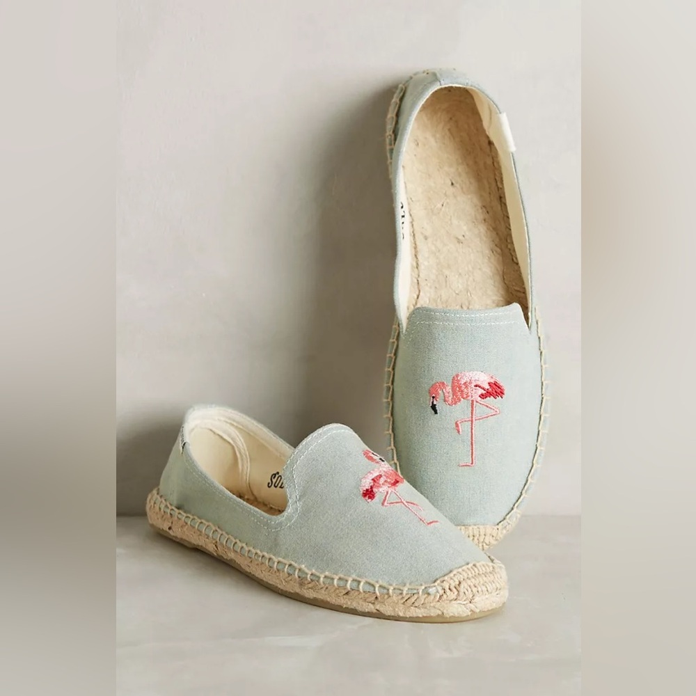 Anthropologie Soludos picnic espadrilles flamingo embroidery blue pink size 7